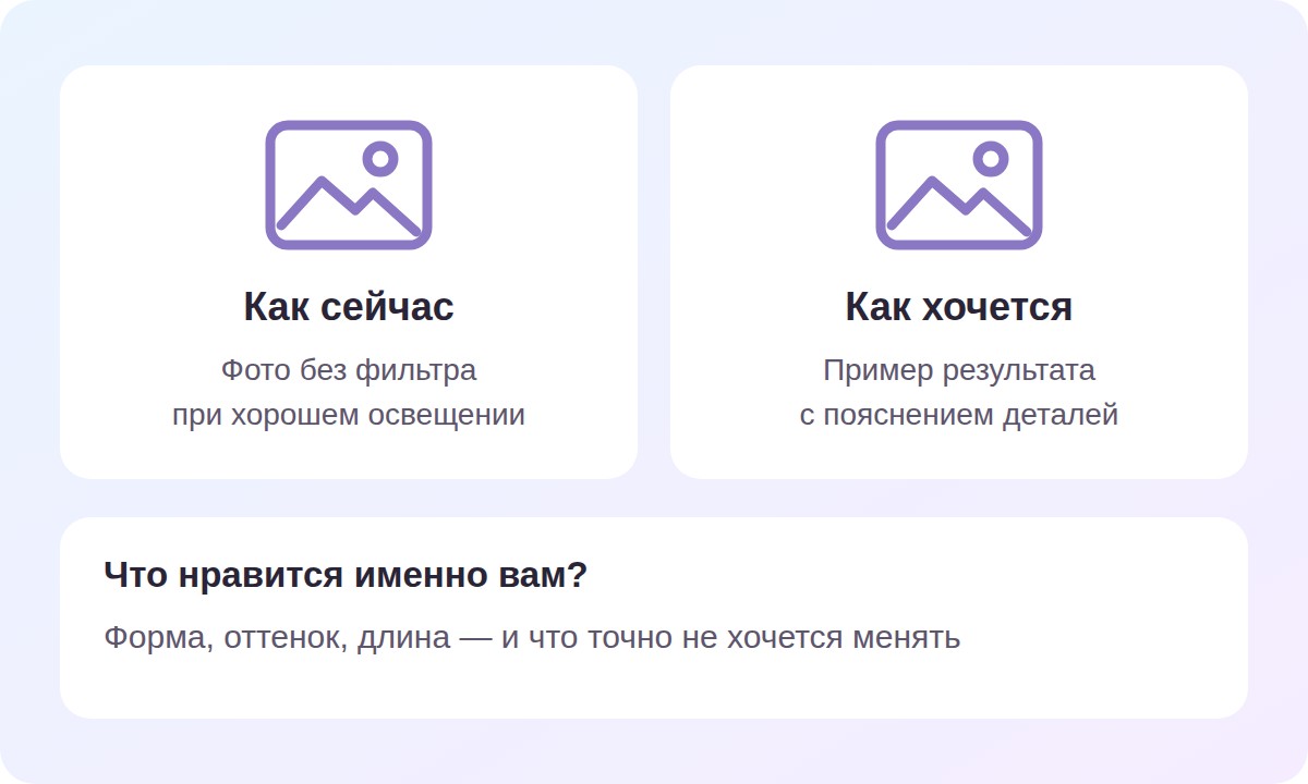 Что отправить мастеру: текущее фото, пример результата и пояснение желаемых деталей